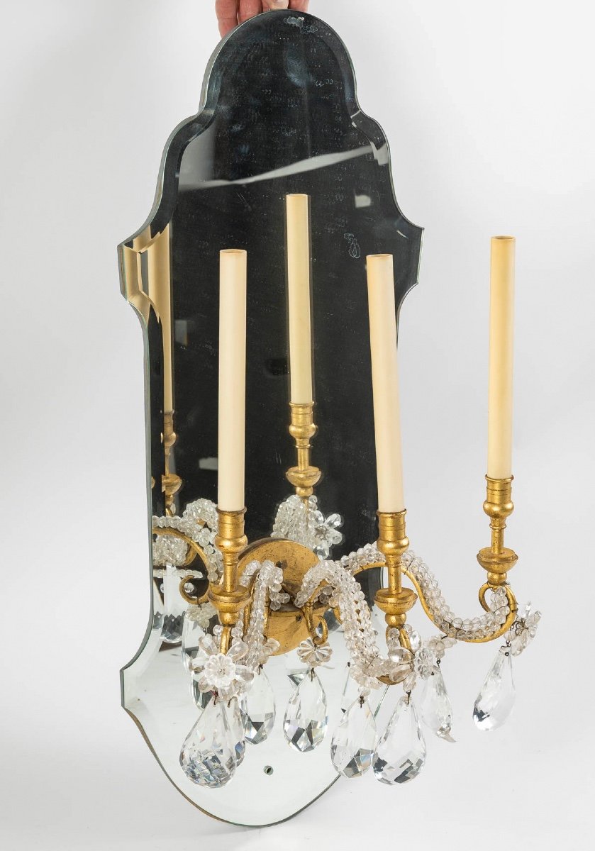 Pair Of Sconces In Mirror And Gilded Iron And Glass Papillae, 1950-1960-photo-1