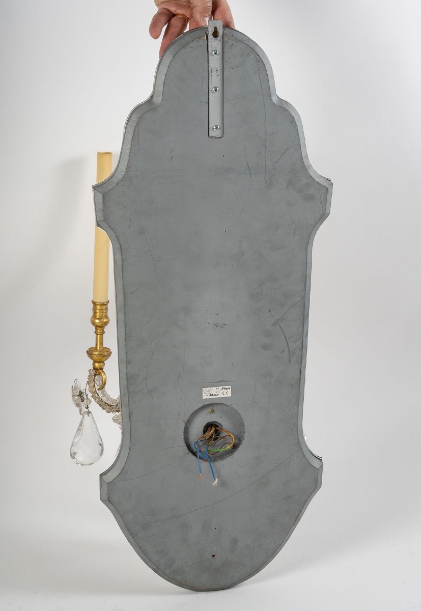 Paire D’appliques En Miroir Et Fer Doré Et Papilles De Verre, 1950-1960-photo-3