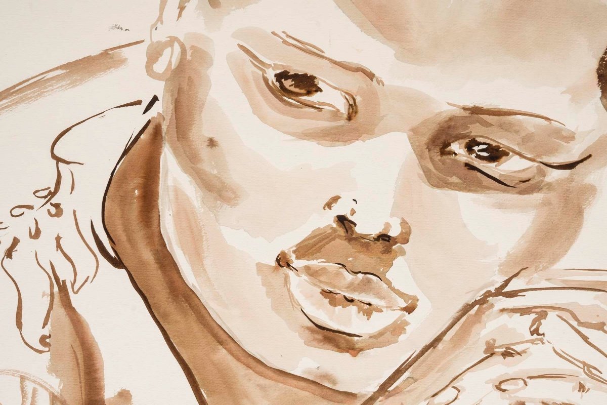 Peinture à L’eau Sur Papier, Portrait D’une Femme Africaine, XXème Siècle.-photo-2
