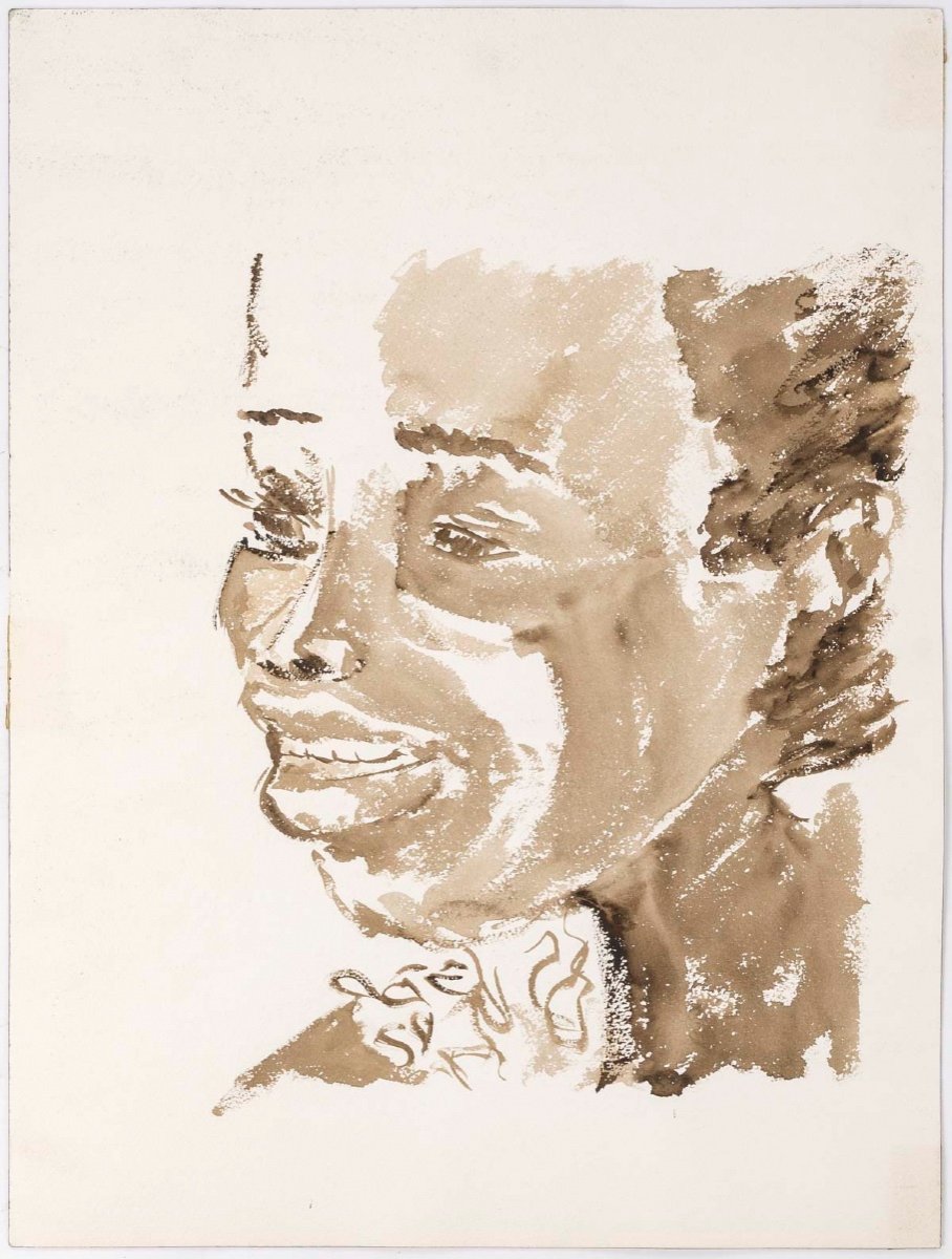 Water Painting On Paper, Portrait Of An African Woman, 20th Century.