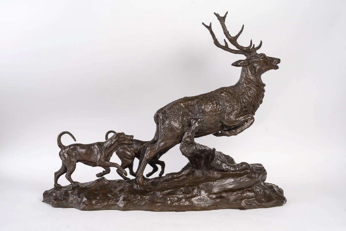 Patinated Bronze Sculpture, Deer And Hunting Dog, 19th Century.-photo-4