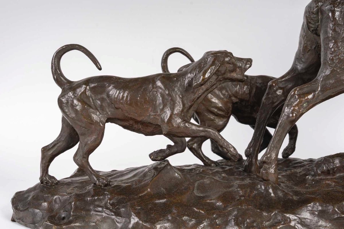 Patinated Bronze Sculpture, Deer And Hunting Dog, 19th Century.-photo-1