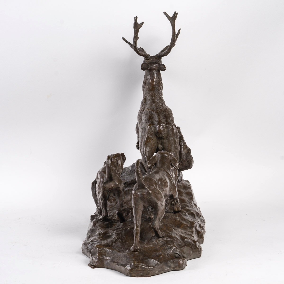 Patinated Bronze Sculpture, Deer And Hunting Dog, 19th Century.-photo-2