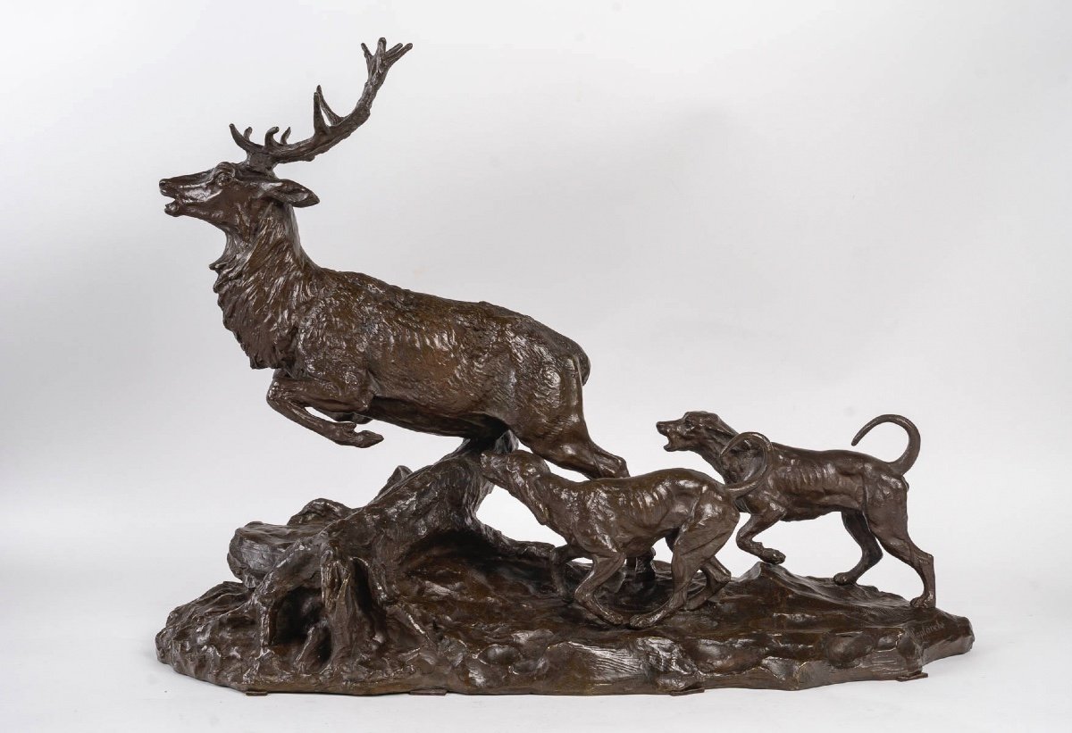 Patinated Bronze Sculpture, Deer And Hunting Dog, 19th Century.-photo-3