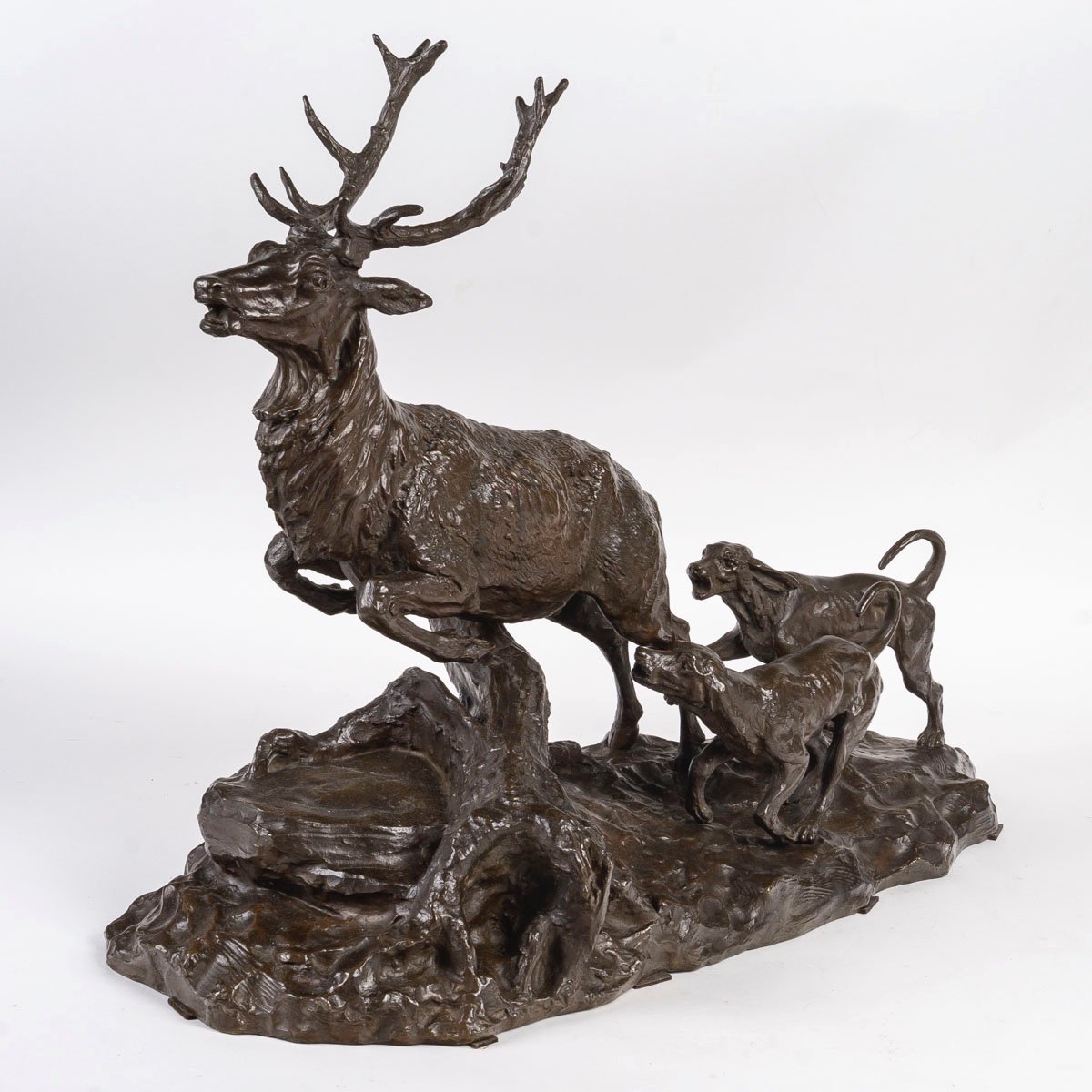 Patinated Bronze Sculpture, Deer And Hunting Dog, 19th Century.-photo-5