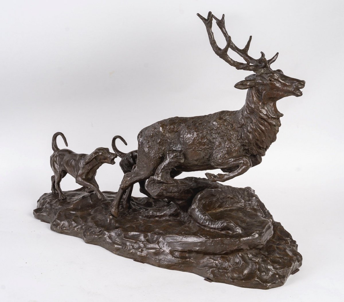 Patinated Bronze Sculpture, Deer And Hunting Dog, 19th Century.