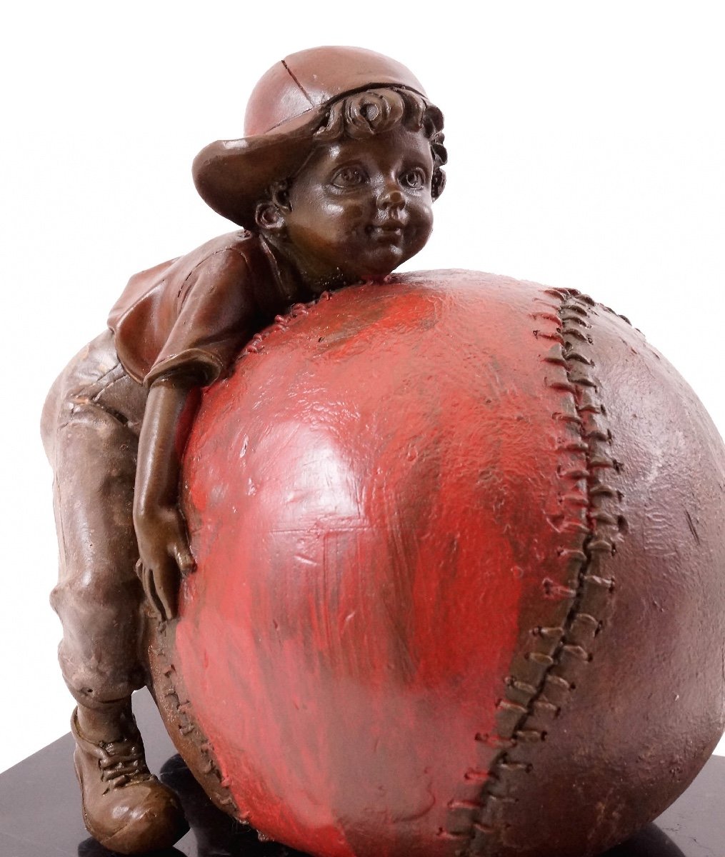 Bronze Sculpture Representing The Child And The Joy Of Baseball, 20th Century.-photo-2