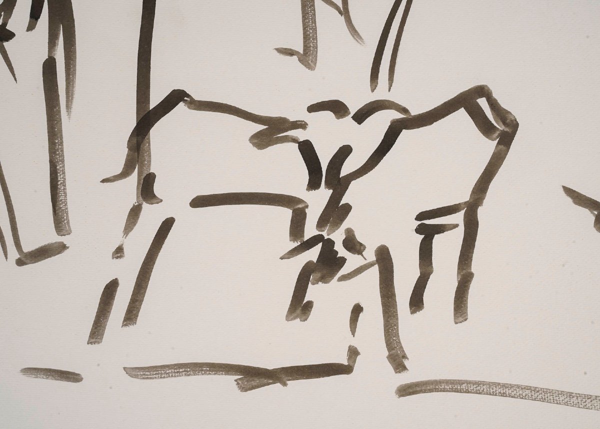 Dessin En Lavis De L’artiste Evelyne Luez Sur Papier, XXème Siècle.-photo-2