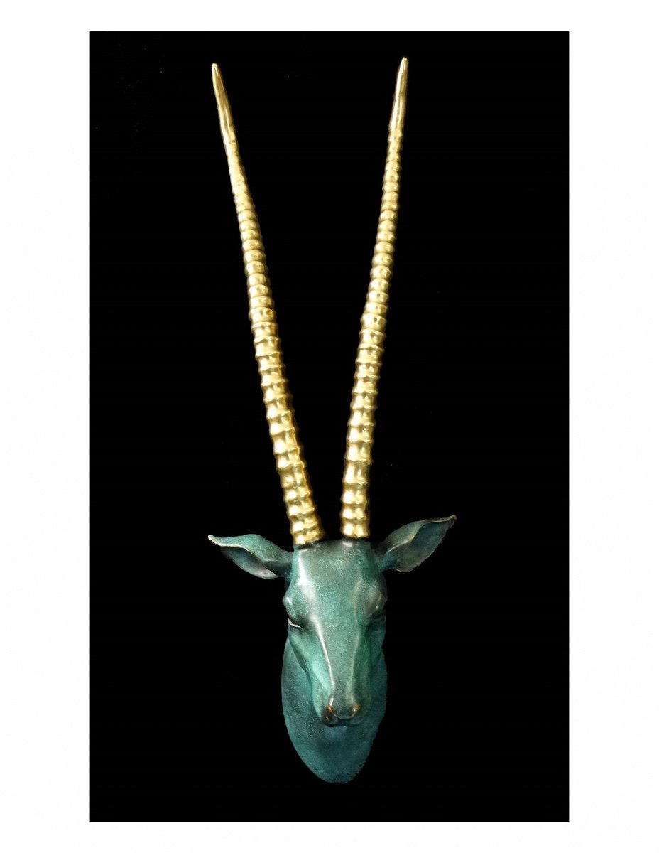 Animal Sculpture Of A Gazelle Bust In Patinated And Gilded Bronze, 20th Century.-photo-3