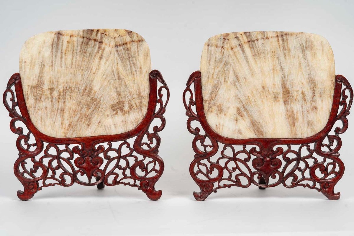 Paire De Cache Lumière En Bois Sculpté Et Plaque De Marbre Transparente, Art D’asie, XIXème-photo-2
