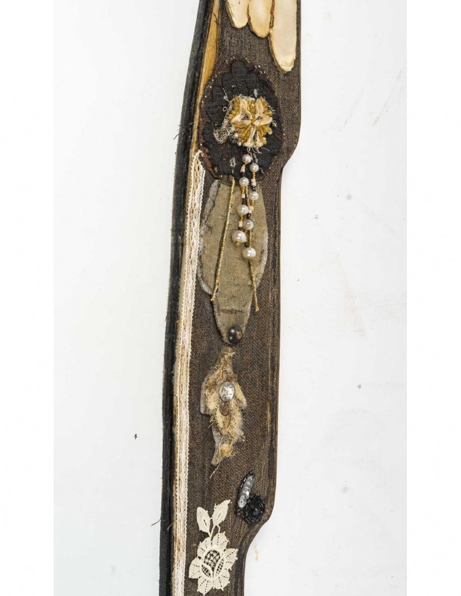 Art Nouveau Period Mirror In Wood Covered With Antique Trimmings And Embroidery-photo-4