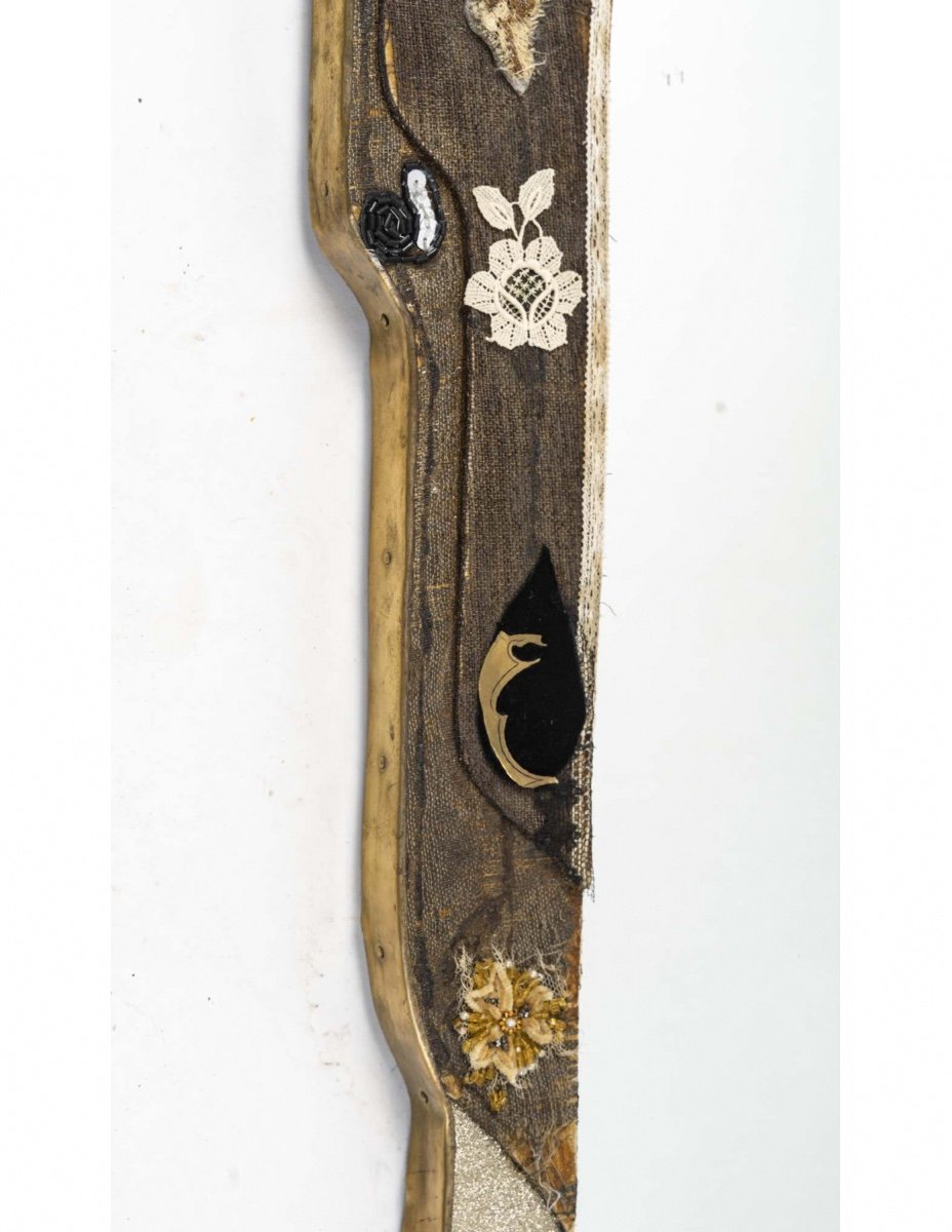 Art Nouveau Period Mirror In Wood Covered With Antique Trimmings And Embroidery-photo-1