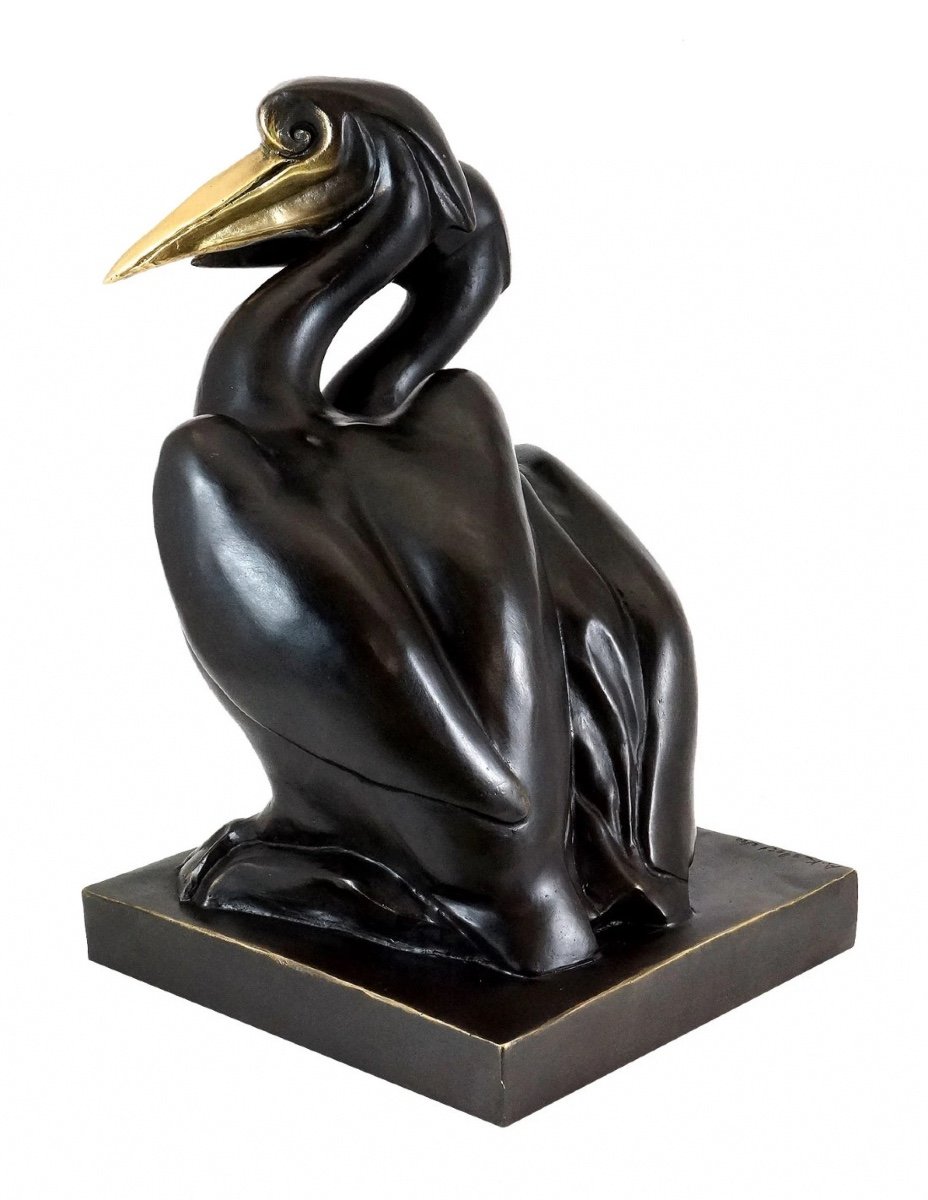 Patinated Bronze Sculpture Representing A Pair Of Pelicans, Contemporary Art, 21st Century.-photo-2