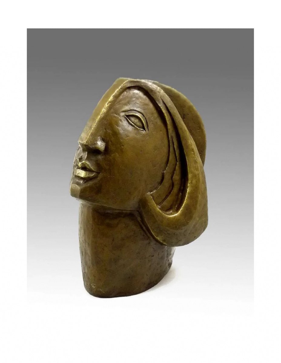 Sculpture Of A Woman's Head In Patinated Bronze After Picasso, Contemporary Art, 21st Century-photo-2