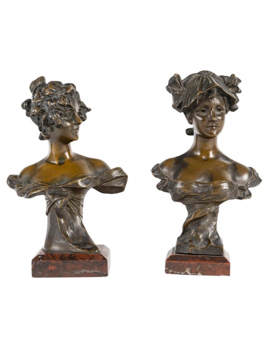 Pair Of Bronze Sculptures By Van Der Straeten, Art Nouveau, 1900.