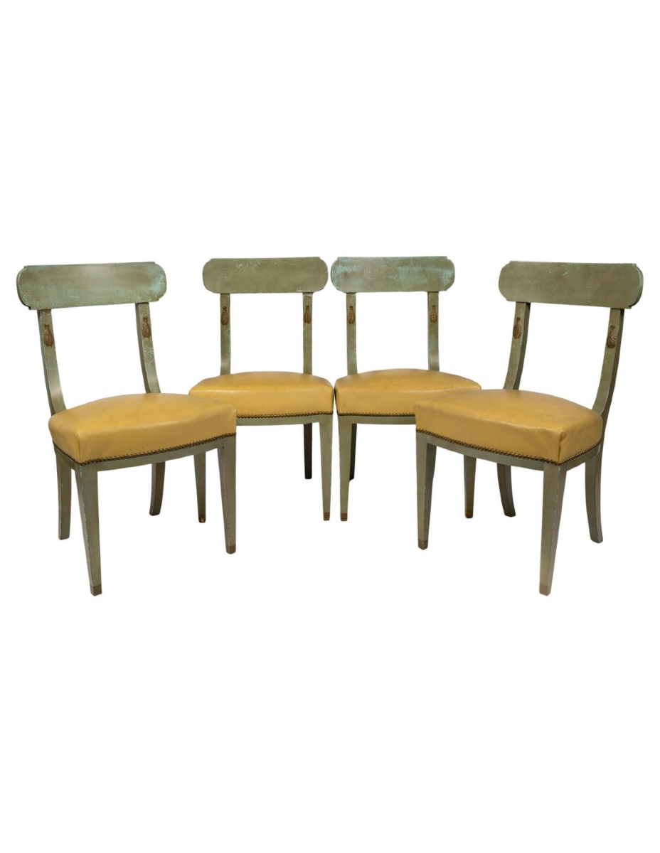 Set Of 4 Painted And Gilded Wooden Chairs, Leather Seats, Regency Style.