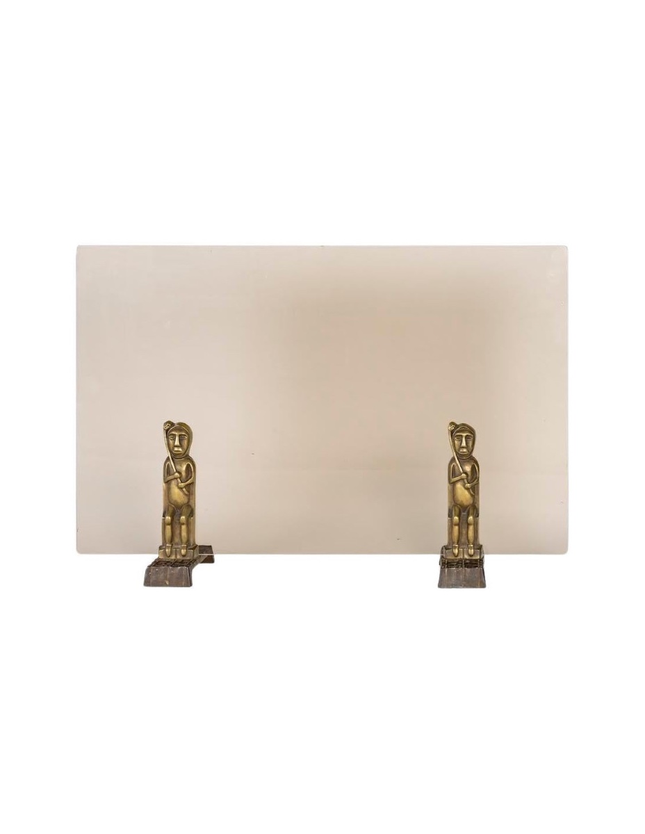 Pare-feu En Bronze Et Plaque De Verre Teinté, Art Tribal.
