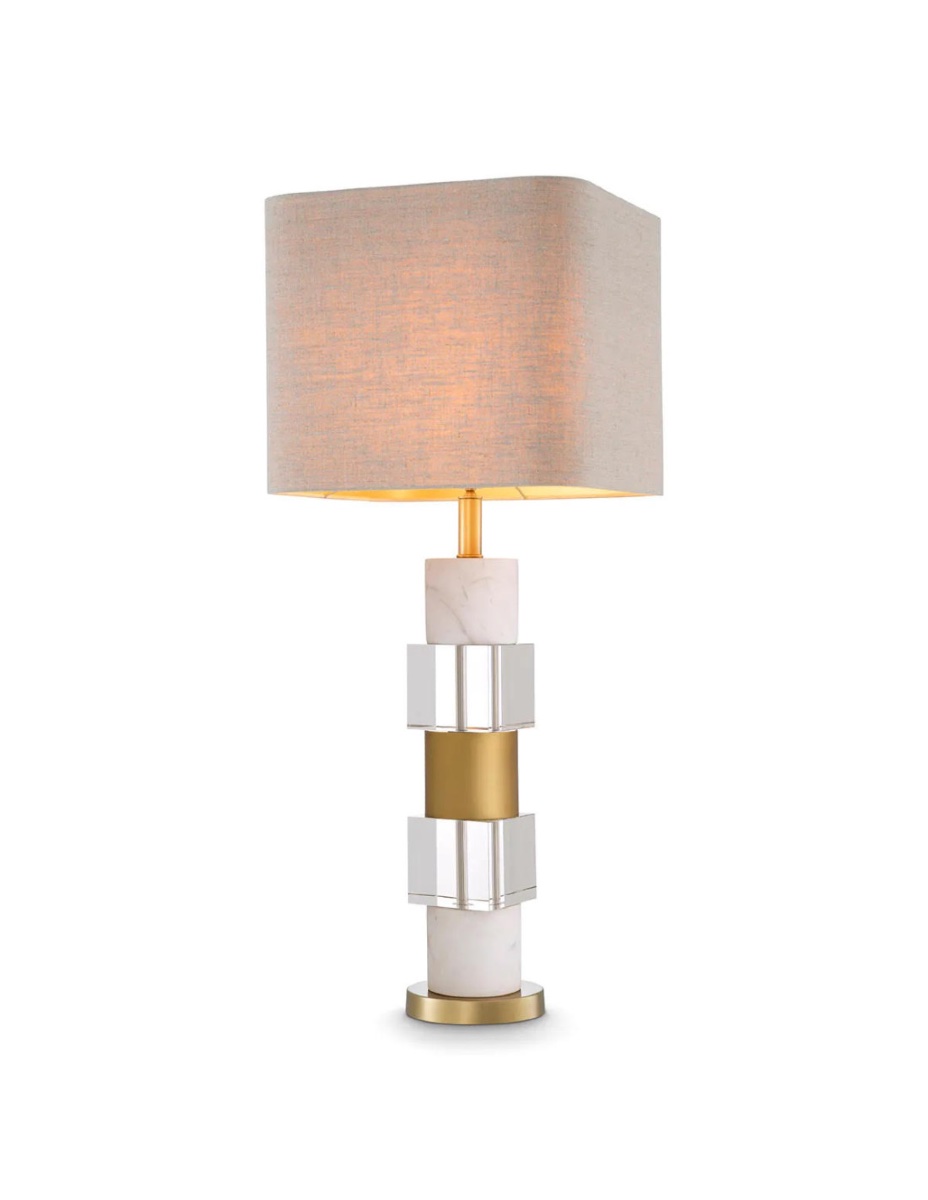 Pair Of Table Lamps In Patinated Brass, White Marble And Crystal.-photo-2
