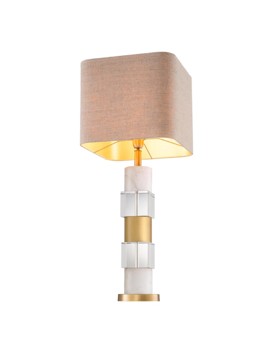 Pair Of Table Lamps In Patinated Brass, White Marble And Crystal.-photo-1