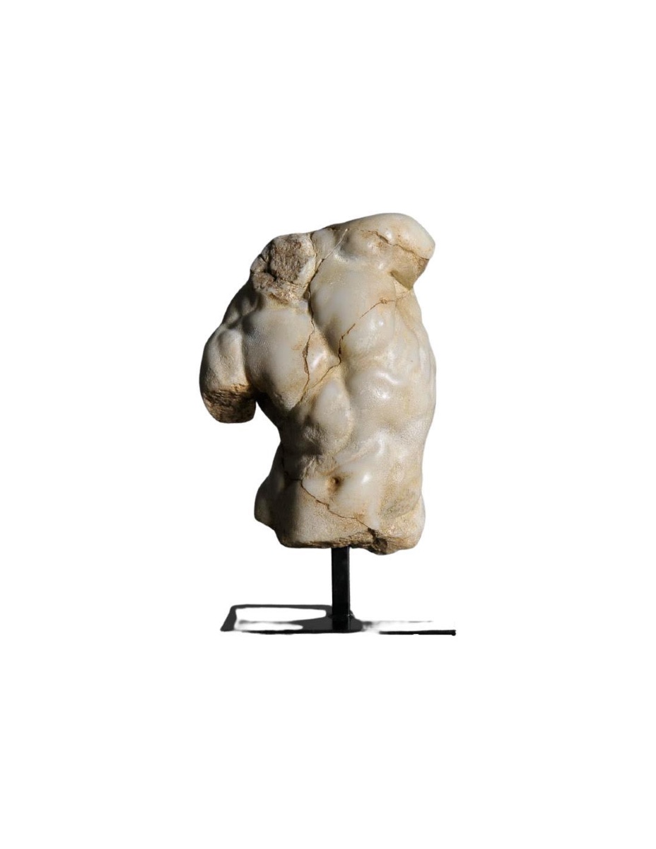 Black Apollo Torso Sculpture, Small Size, Resin And Metal Base.
