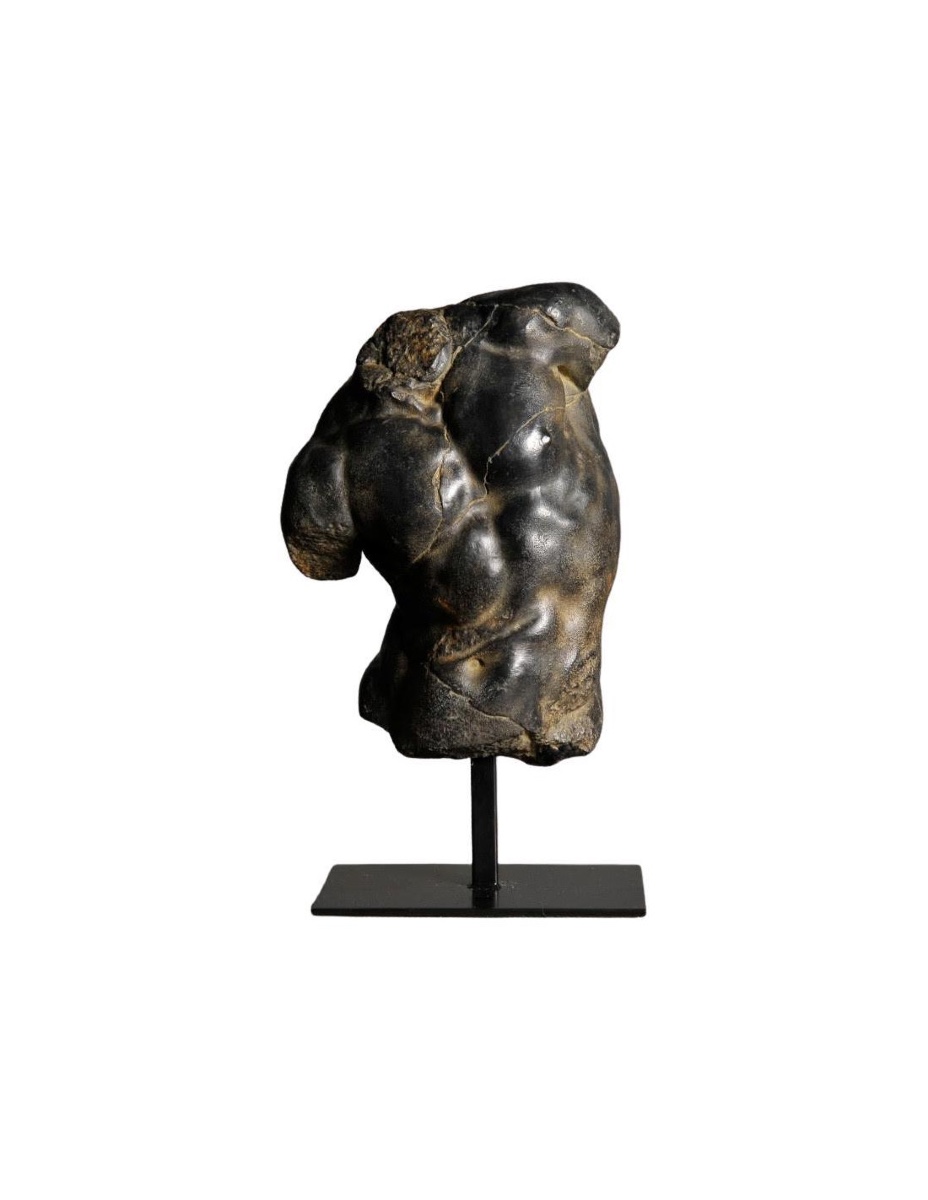 Sculpture De Torse D’apollon Noir, Petite Taille, En Résine Et Socle En Métal.