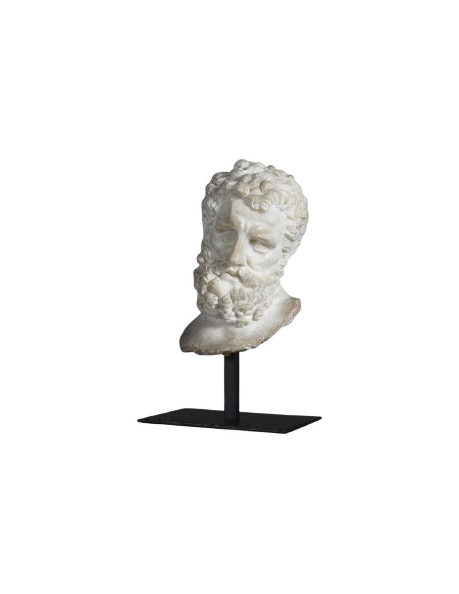 Small Hercules Head Sculpture In Resin With Metal Base.