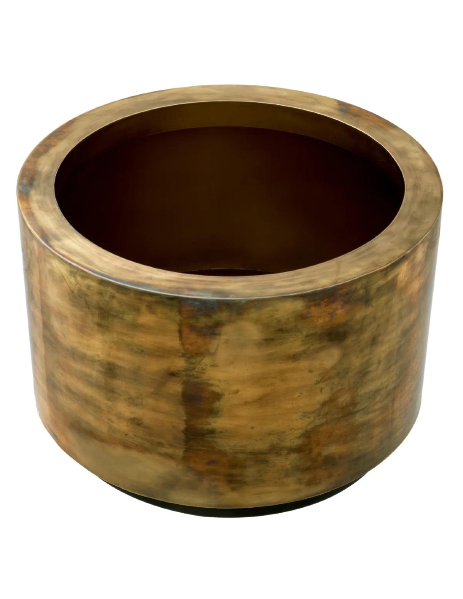 Jardinière ronde, large en laiton patiné et base noire, fabrication artisanale.-photo-3