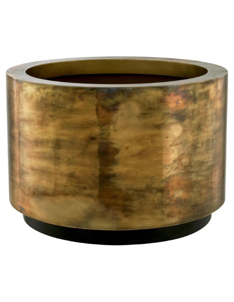 Jardinière ronde, large en laiton patiné et base noire, fabrication artisanale.