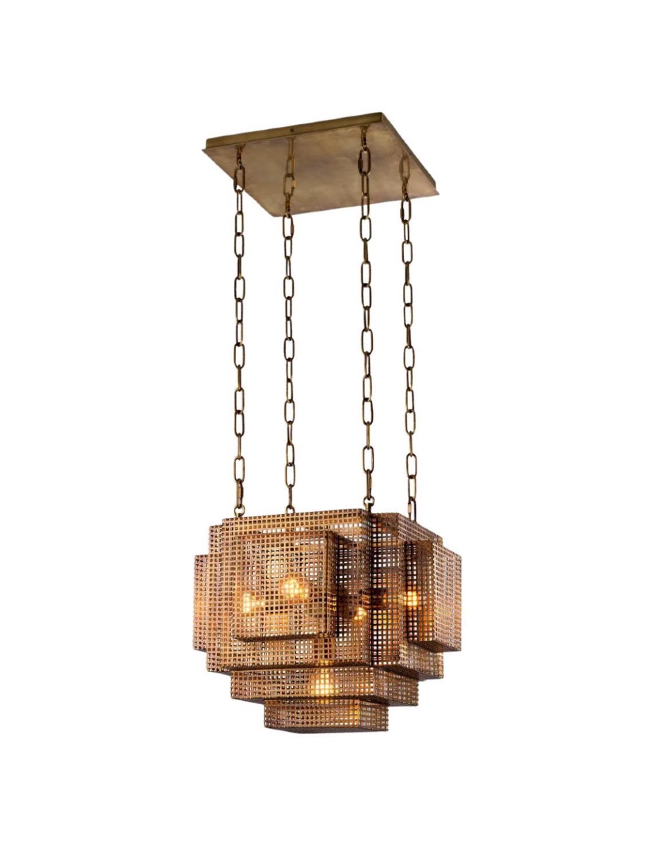 Pendant Light, Modernist Chandelier In Patinated Brass.