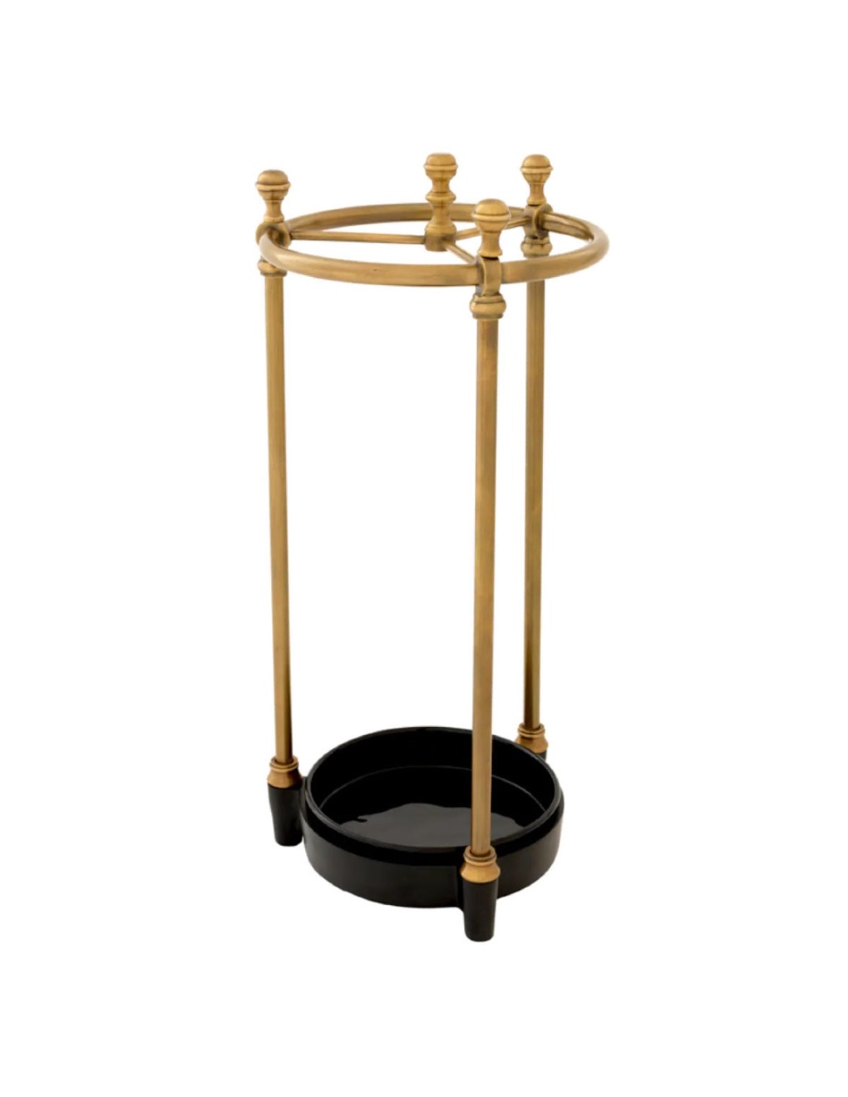 Pair Of Elegant Umbrella Stands, Patinated Brass Finish, Black Drip Tray.-photo-2