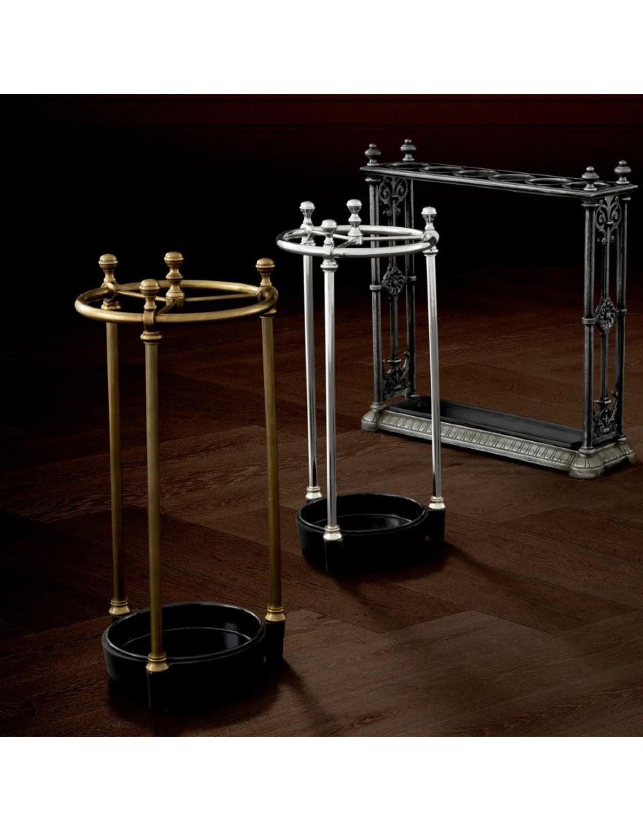 Pair Of Elegant Umbrella Stands, Patinated Brass Finish, Black Drip Tray.-photo-3