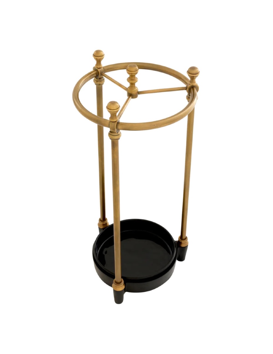 Pair Of Elegant Umbrella Stands, Patinated Brass Finish, Black Drip Tray.-photo-4