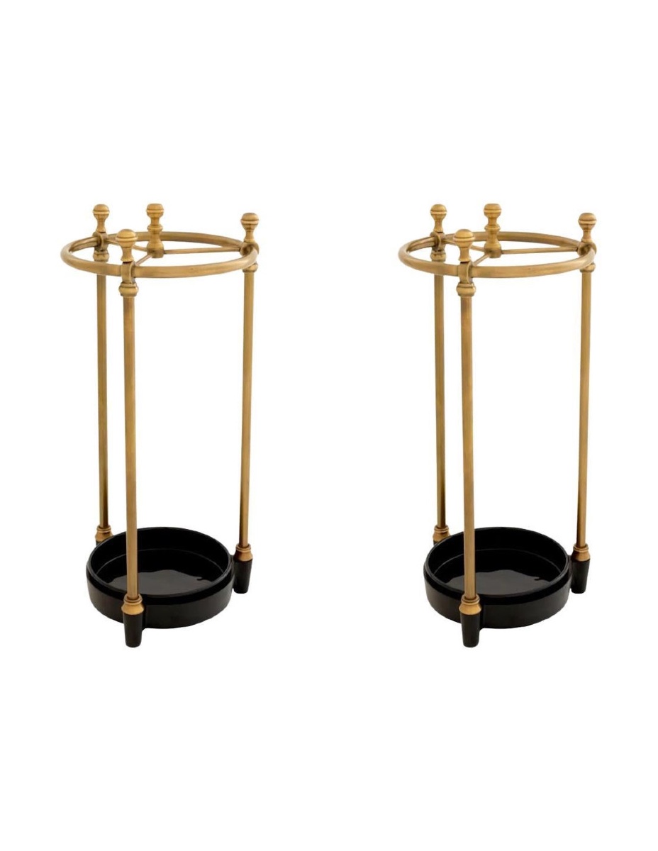 Pair Of Elegant Umbrella Stands, Patinated Brass Finish, Black Drip Tray.