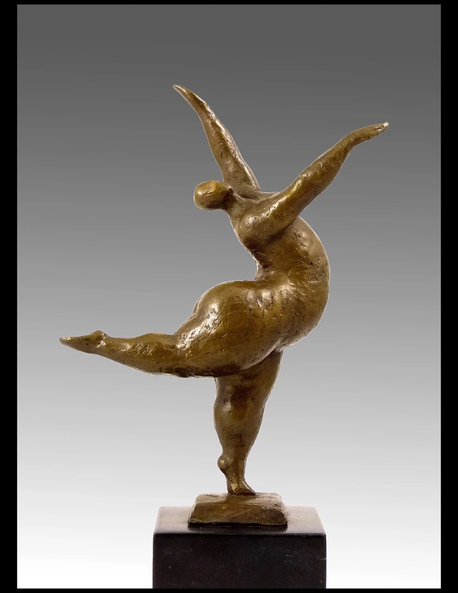 Statue en bronze, sculpture d'une danseuse nue en équilibre, socle en marbre.-photo-2