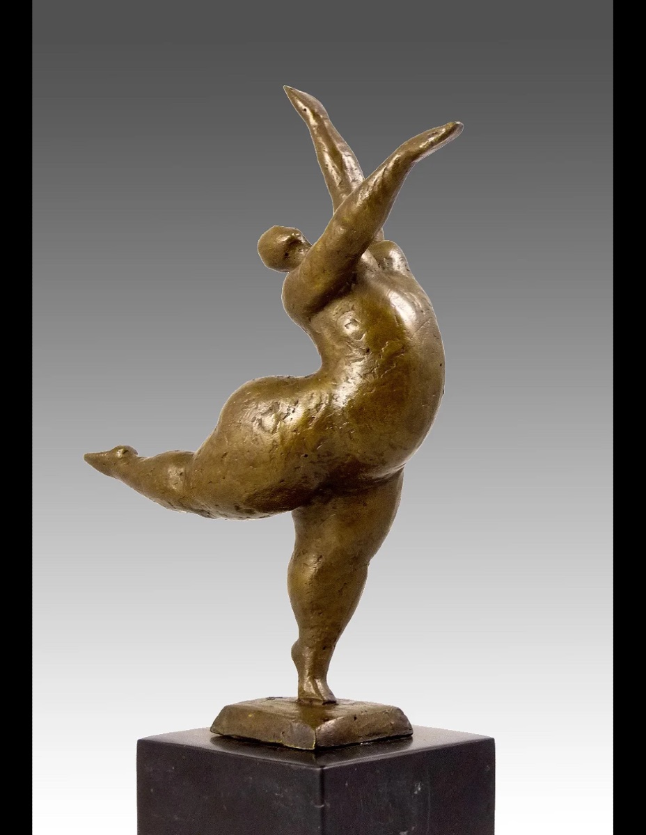 Statue en bronze, sculpture d'une danseuse nue en équilibre, socle en marbre.-photo-3
