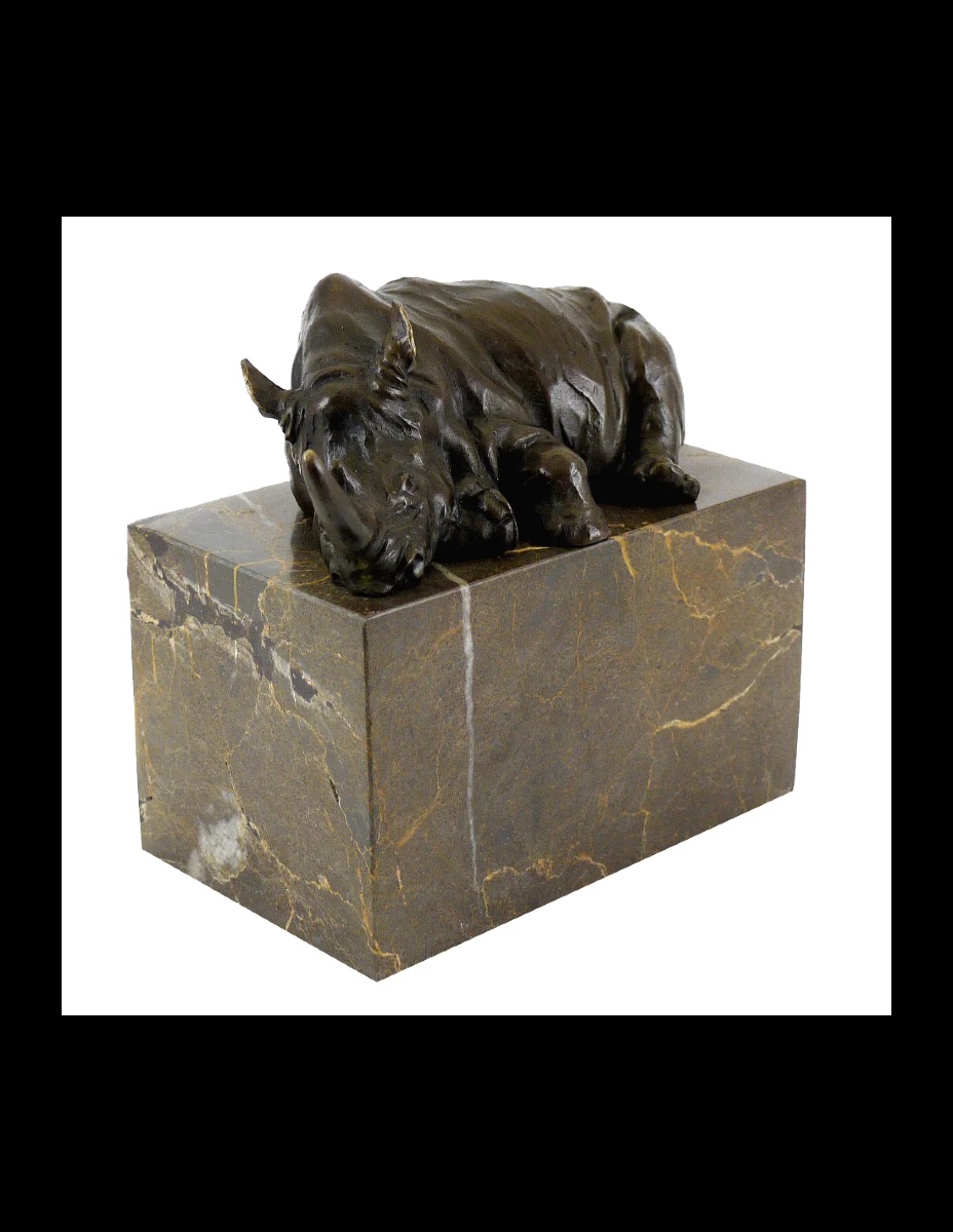 Statue, Bronze Sculpture Of A Rhinoceros, Marble Base-photo-2