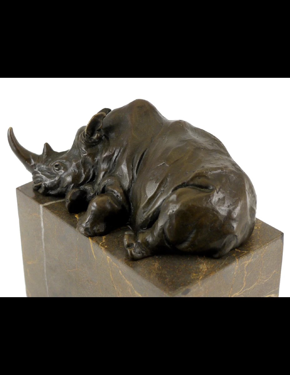 Statue, Bronze Sculpture Of A Rhinoceros, Marble Pedestal-photo-2