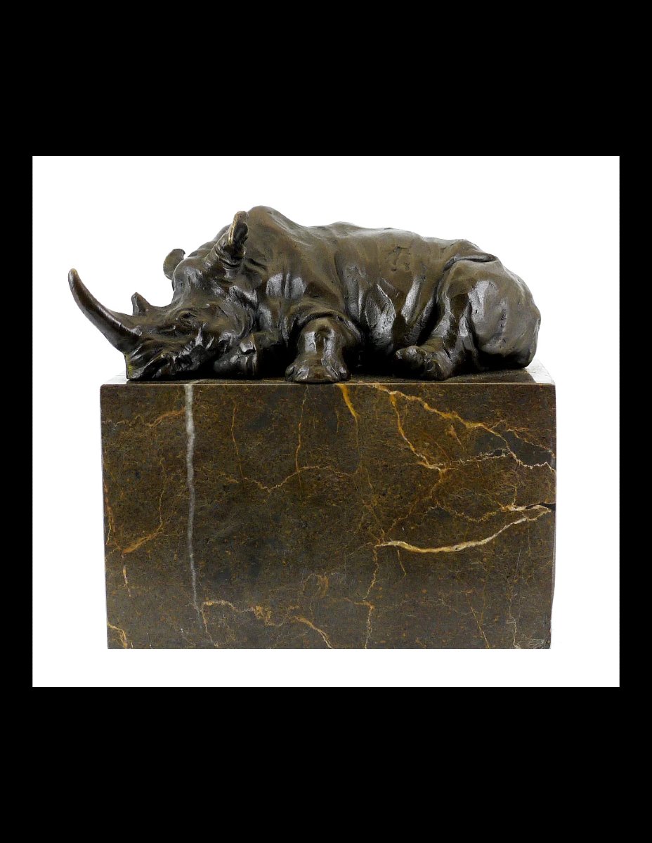 Statue, Bronze Sculpture Of A Rhinoceros, Marble Pedestal