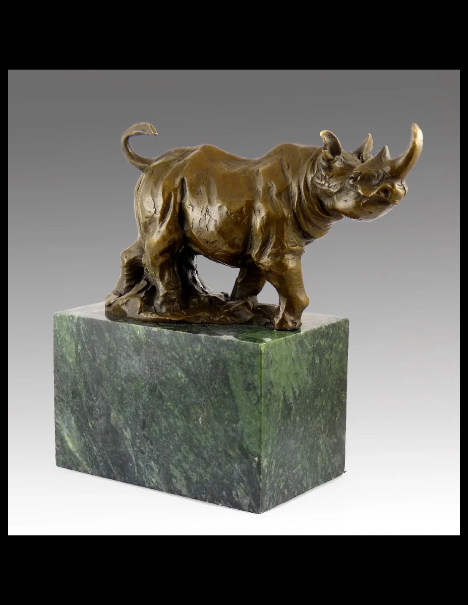 Sculpture de Rhinocéros, statue en bronze, socle en marbre-photo-3