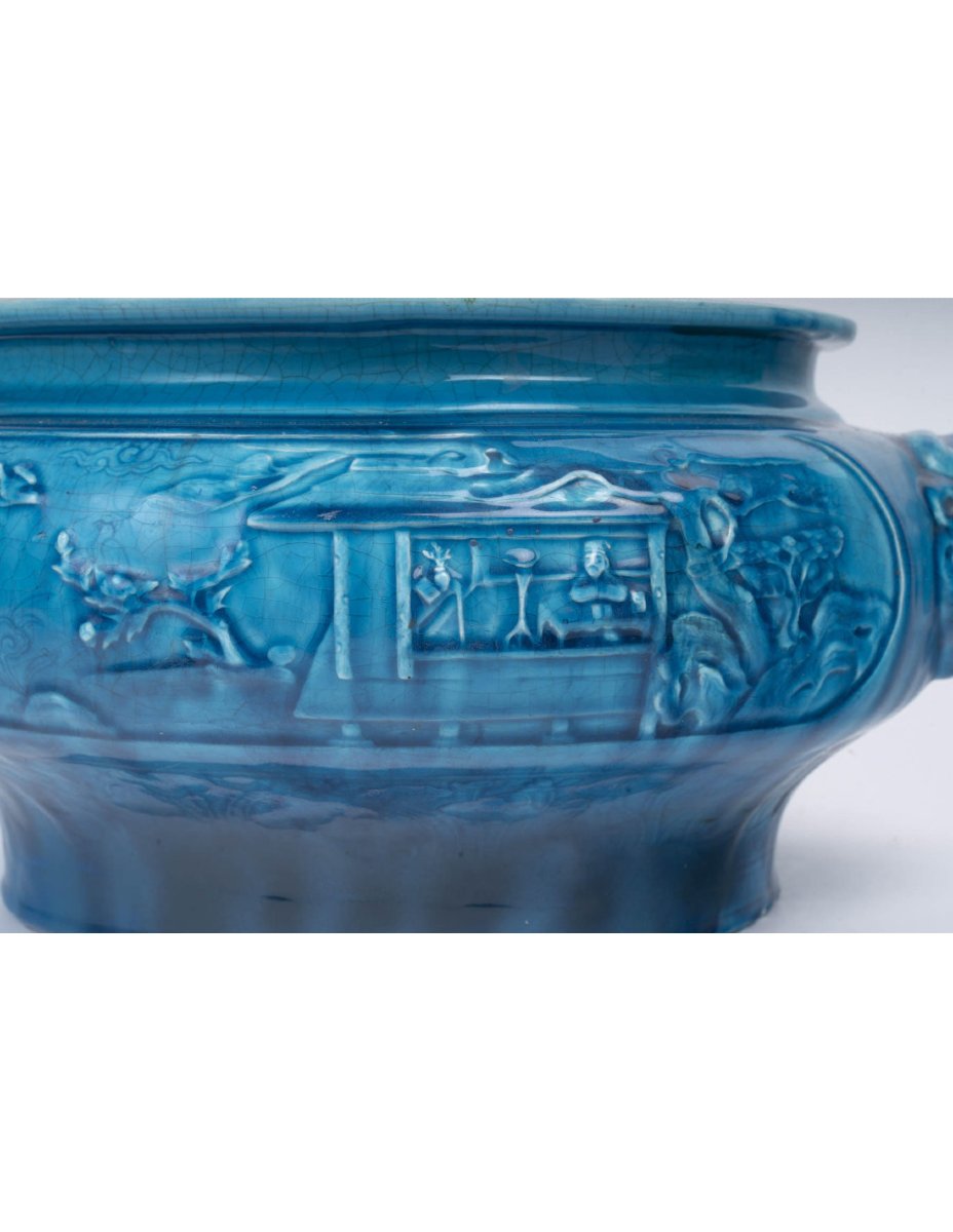 Blue Ceramic Planter With Chinese-style Decoration, Longwy, 19th Century-photo-2