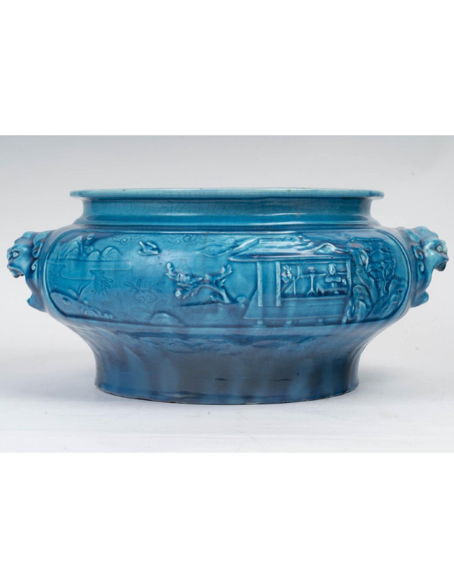 Blue Ceramic Planter With Chinese-style Decoration, Longwy, 19th Century-photo-3