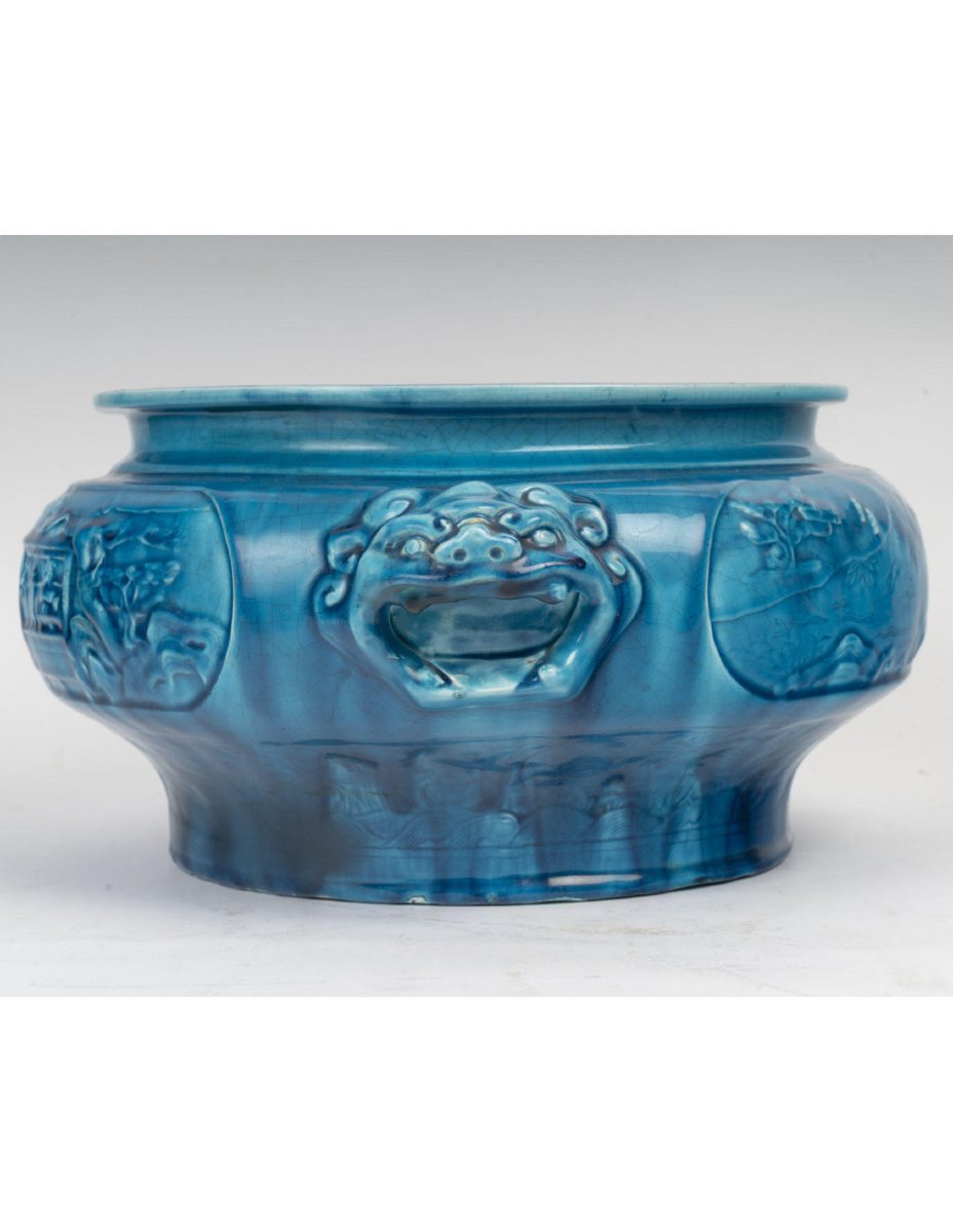 Blue Ceramic Planter With Chinese-style Decoration, Longwy, 19th Century-photo-4