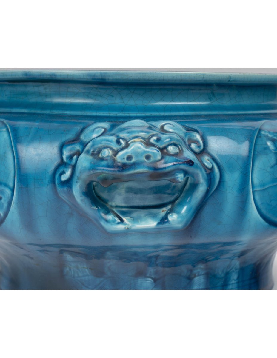 Blue Ceramic Planter With Chinese-style Decoration, Longwy, 19th Century-photo-1