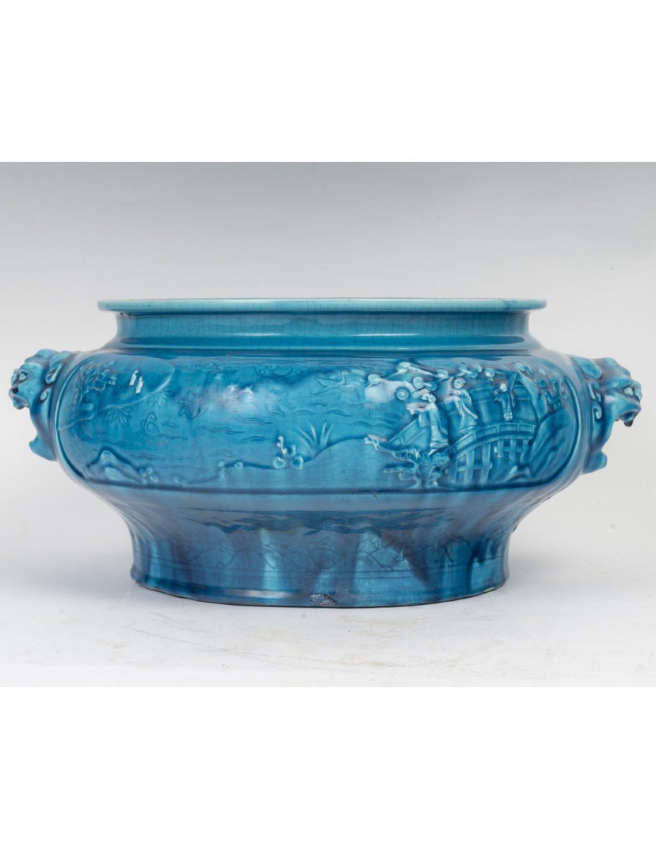 Blue Ceramic Planter With Chinese-style Decoration, Longwy, 19th Century-photo-3
