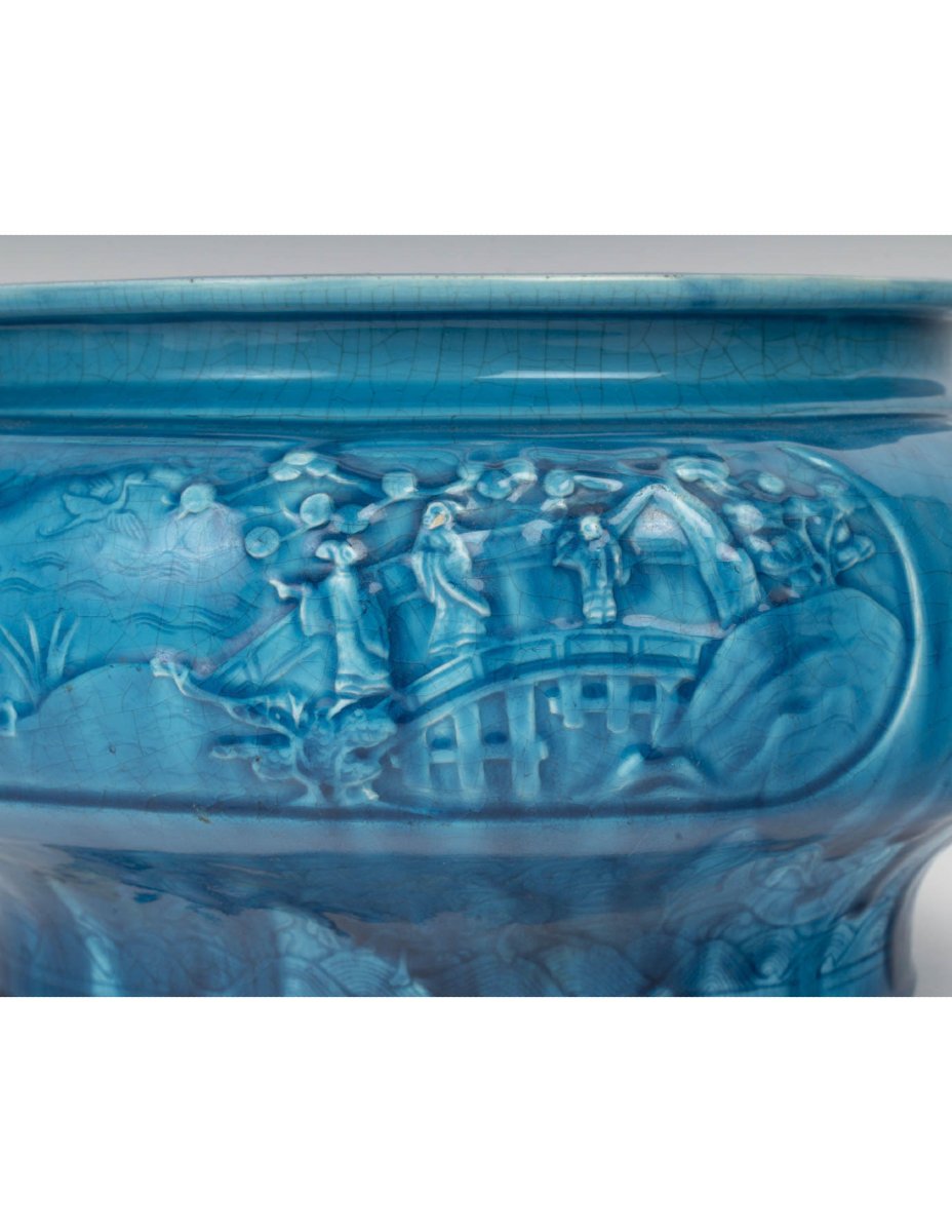 Blue Ceramic Planter With Chinese-style Decoration, Longwy, 19th Century-photo-4