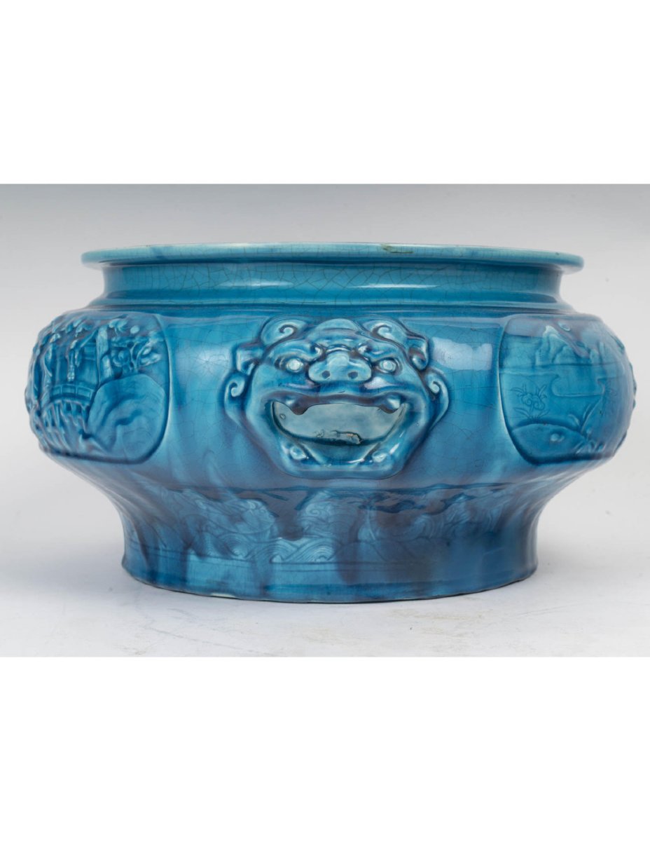 Blue Ceramic Planter With Chinese-style Decoration, Longwy, 19th Century-photo-5