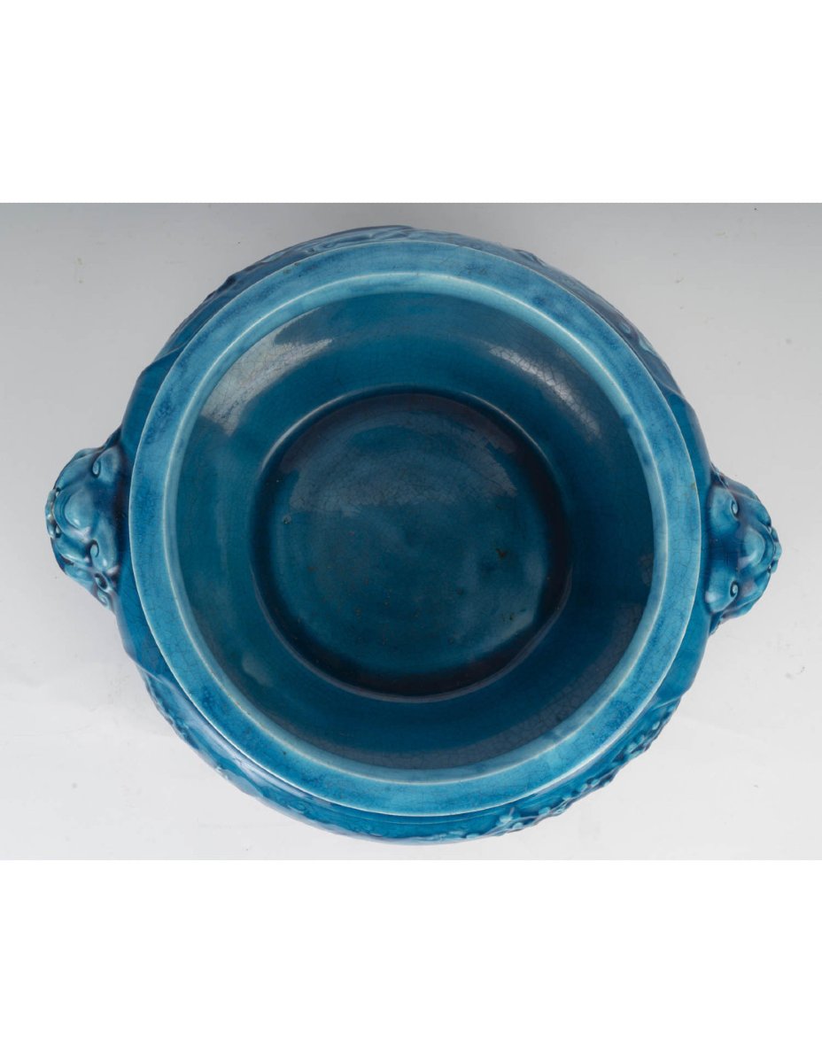 Blue Ceramic Planter With Chinese-style Decoration, Longwy, 19th Century-photo-6