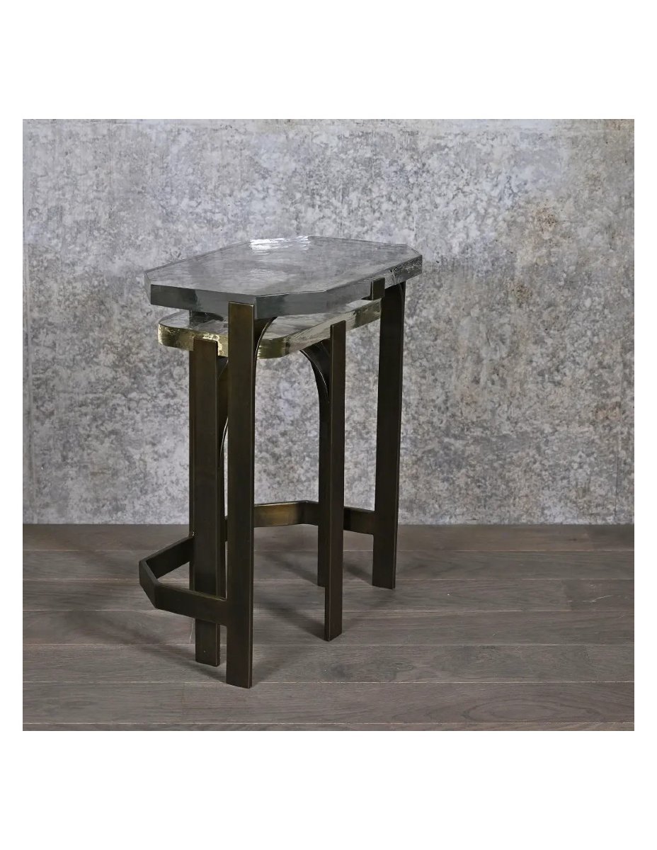 Brutalist Nesting Tables Made Of Weathered Steel And Thick Glass, From The 1950s-photo-2
