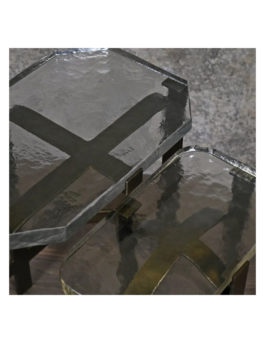 Brutalist Nesting Tables Made Of Weathered Steel And Thick Glass, From The 1950s-photo-3