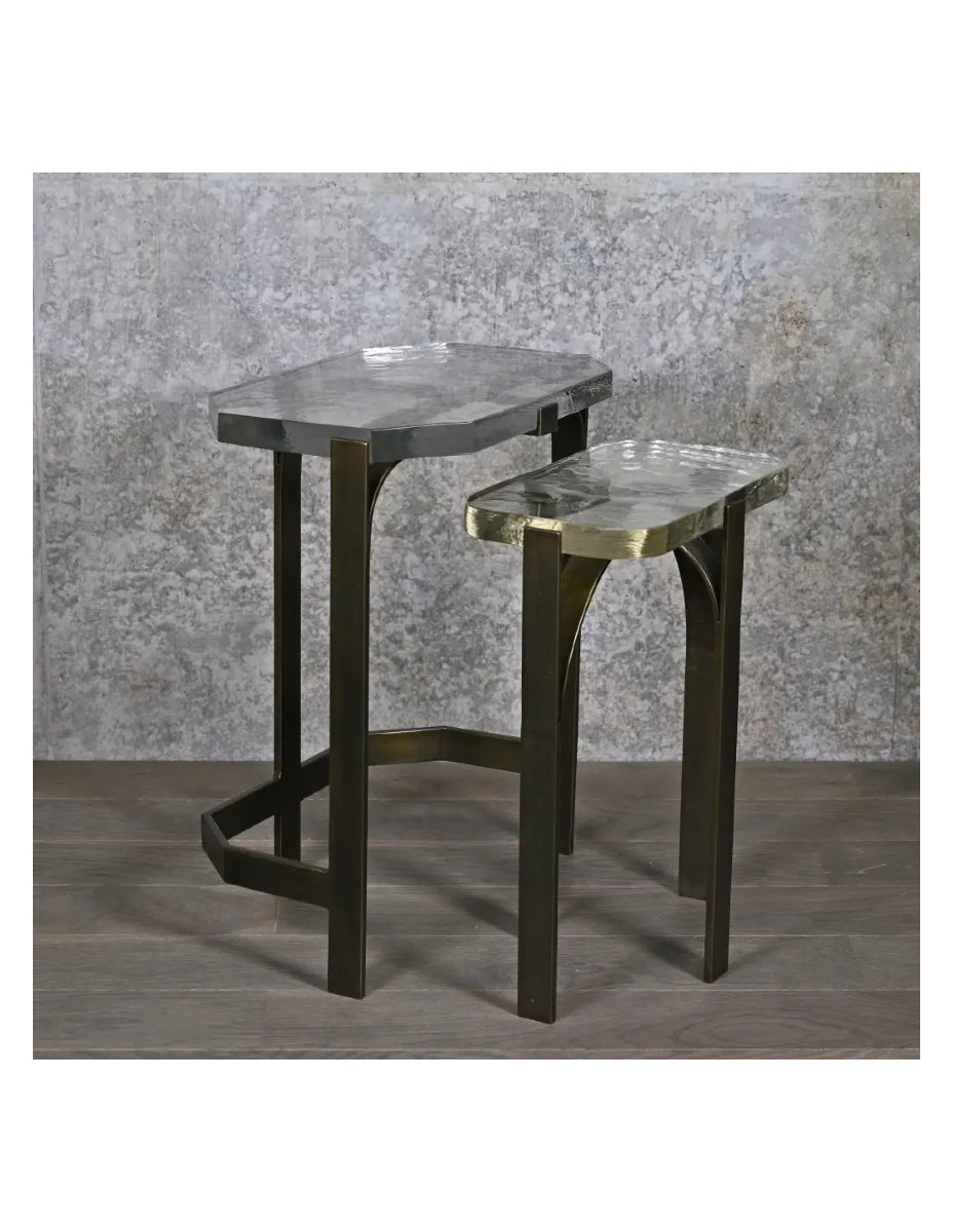 Brutalist Nesting Tables Made Of Weathered Steel And Thick Glass, From The 1950s